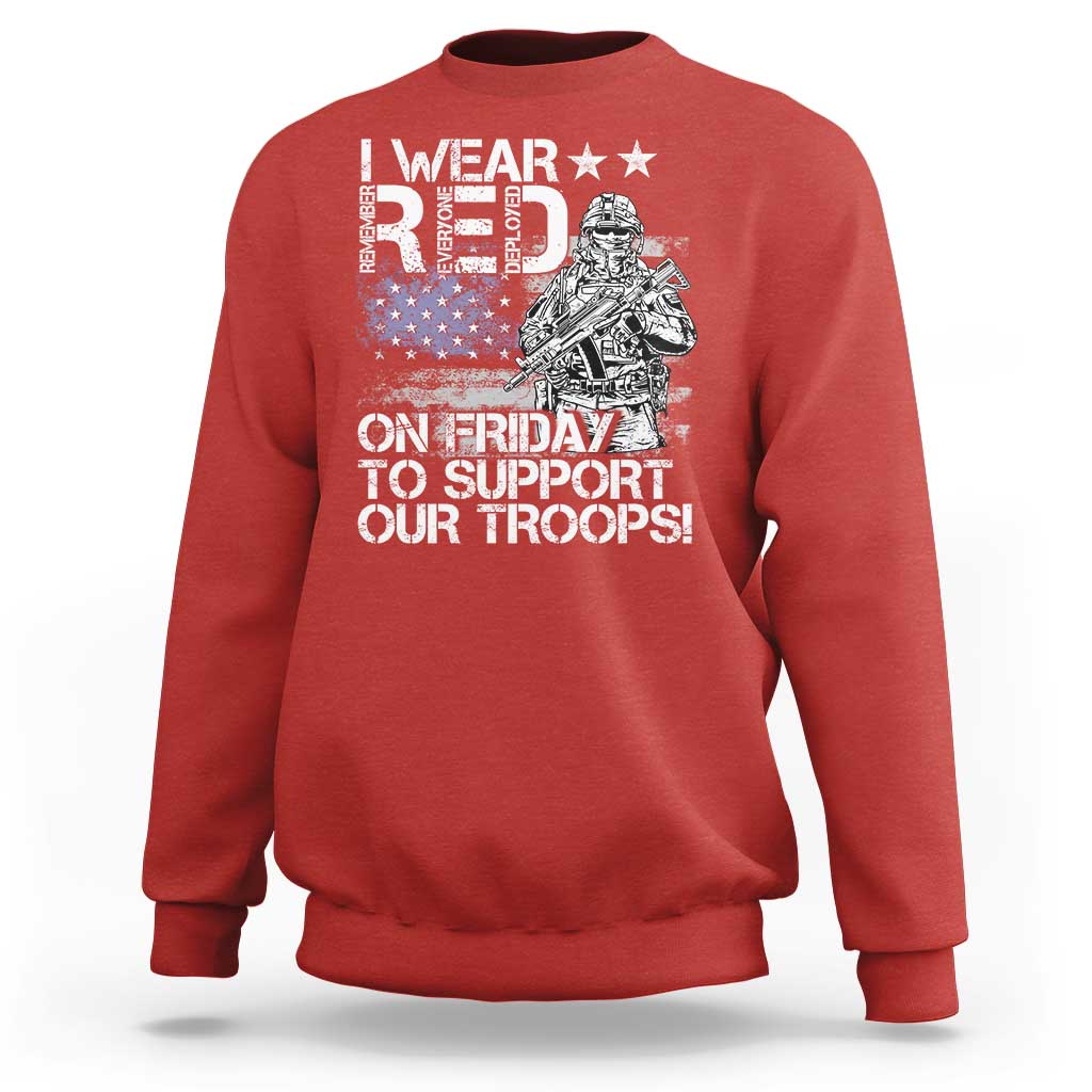 Red crewneck sweatshirt with “support our troops” and American flag graphic on front