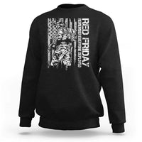Black crewneck sweatshirt with patriotic soldier and flag graphic on front