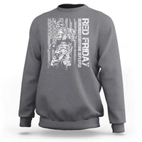 Gray crewneck sweatshirt with patriotic soldier and flag graphic on front