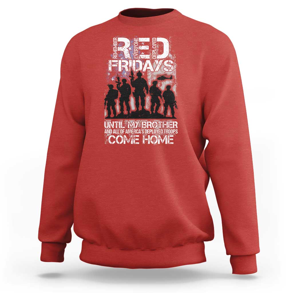 Red sweatshirt with front "FRIDAYS" military-style graphic, crewneck and ribbed hem.