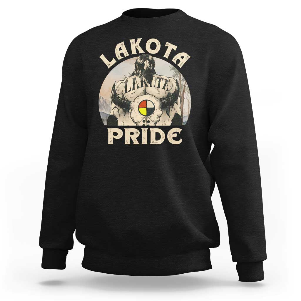 Black crewneck sweatshirt with Lakota Pride graphic and medicine wheel at back.