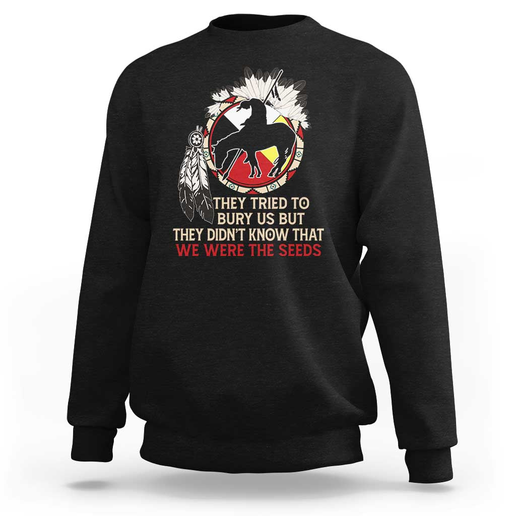 Black Native American sweatshirt with medicine wheel graphic and statement text on chest