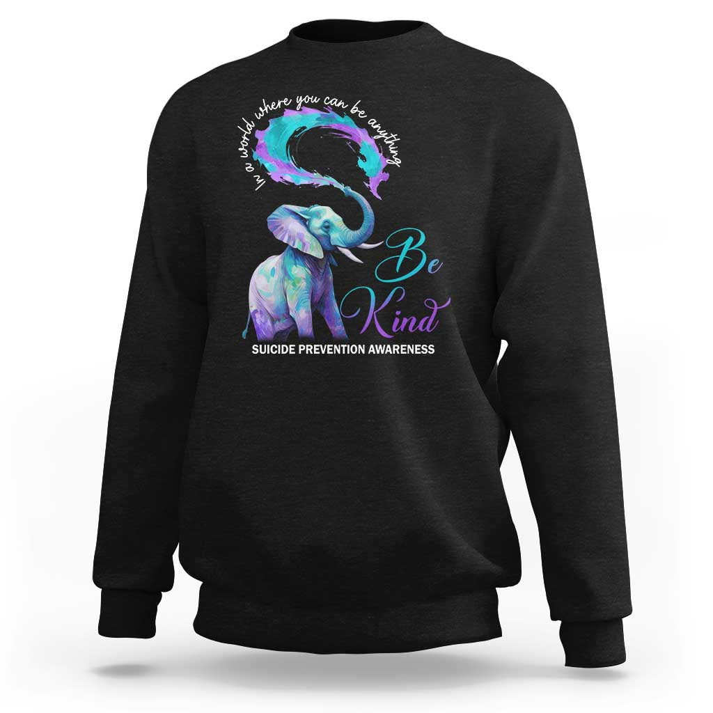 Black crewneck sweatshirt with colorful elephant graphic and "Be Kind" text.