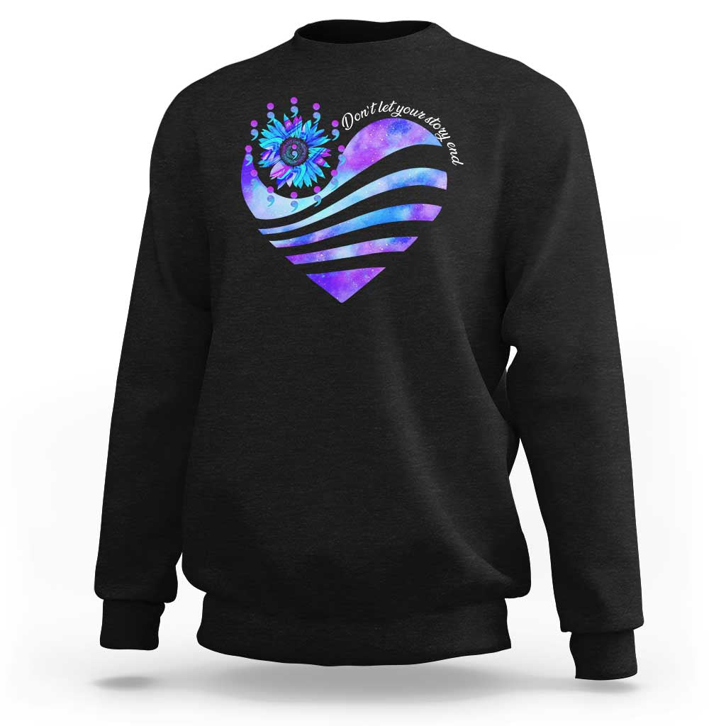 Black crewneck sweatshirt with heart-and-semicolon graphic on upper chest