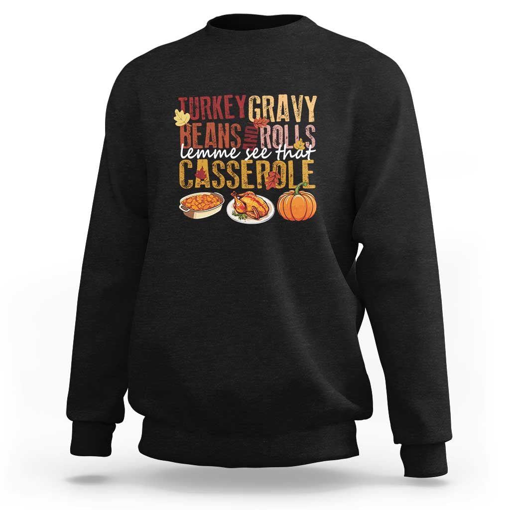 Black crewneck Thanksgiving sweatshirt with colorful turkey, gravy, beans, and casserole graphic