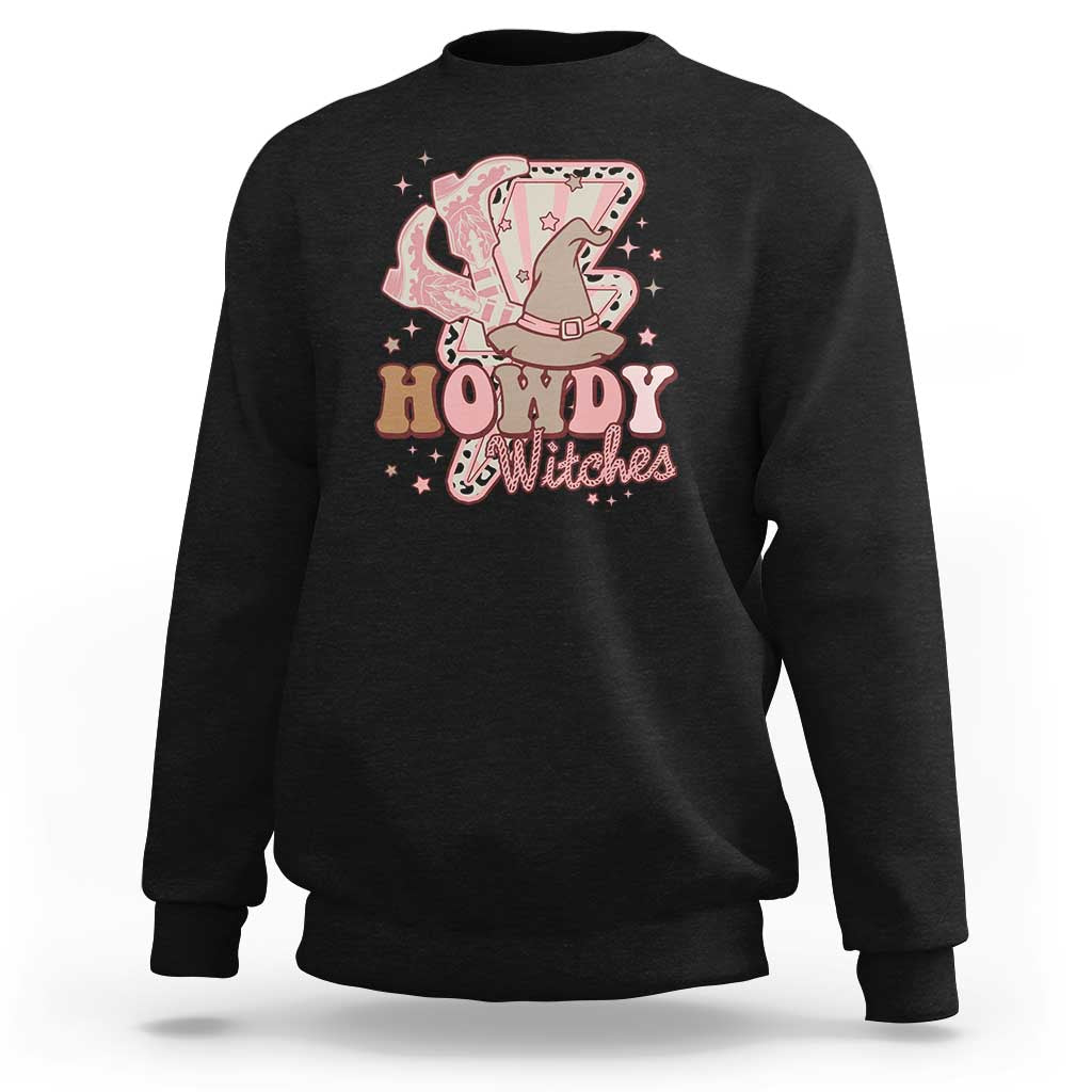 Black crewneck sweatshirt with “Howdy Witches” front graphic, long sleeves