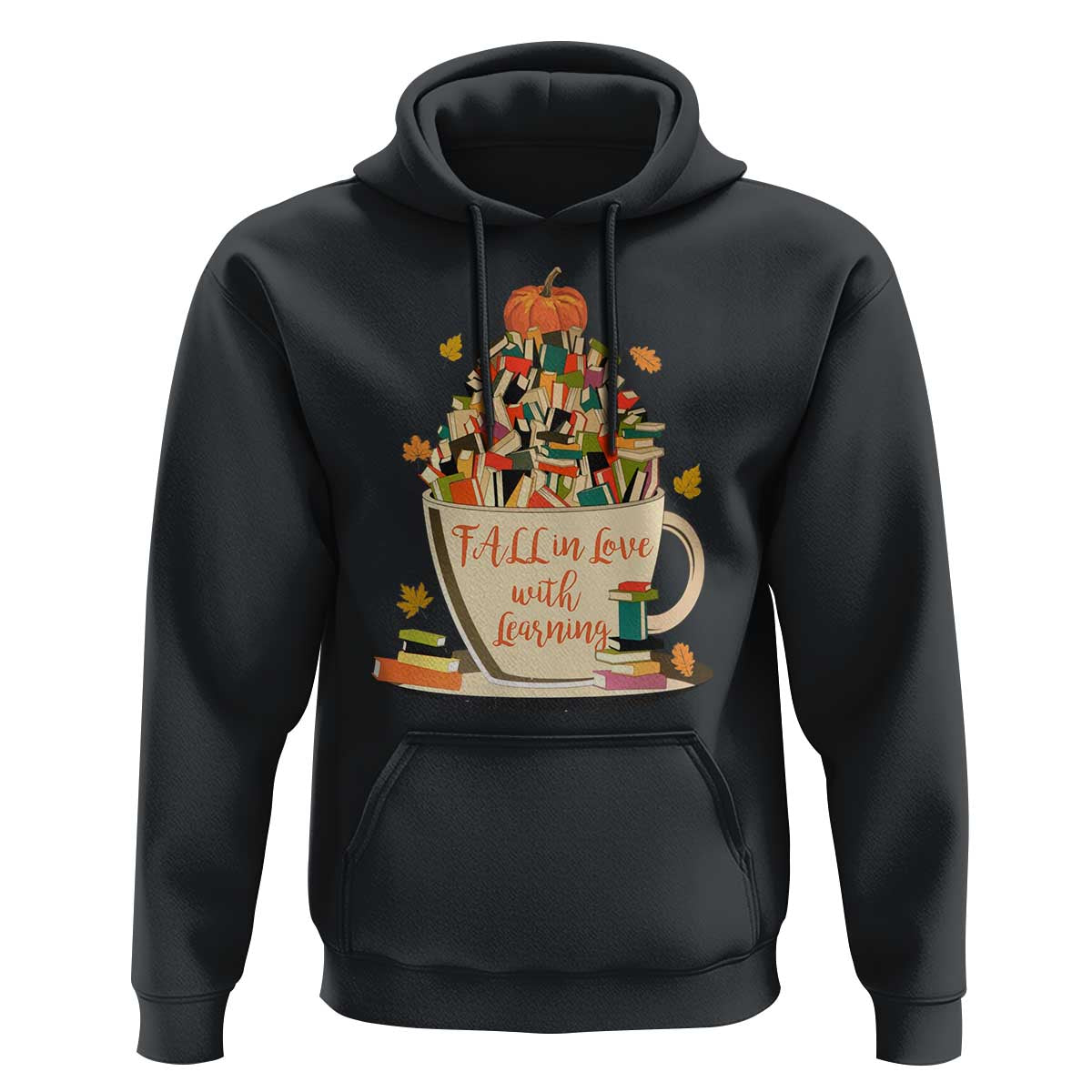 Black pullover hoodie with large fall books and pumpkin graphic on chest