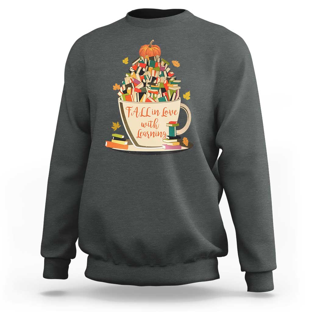 Charcoal teacher sweatshirt with pumpkin reading and books graphic, crew neck