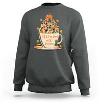 Charcoal teacher sweatshirt with pumpkin reading and books graphic, crew neck
