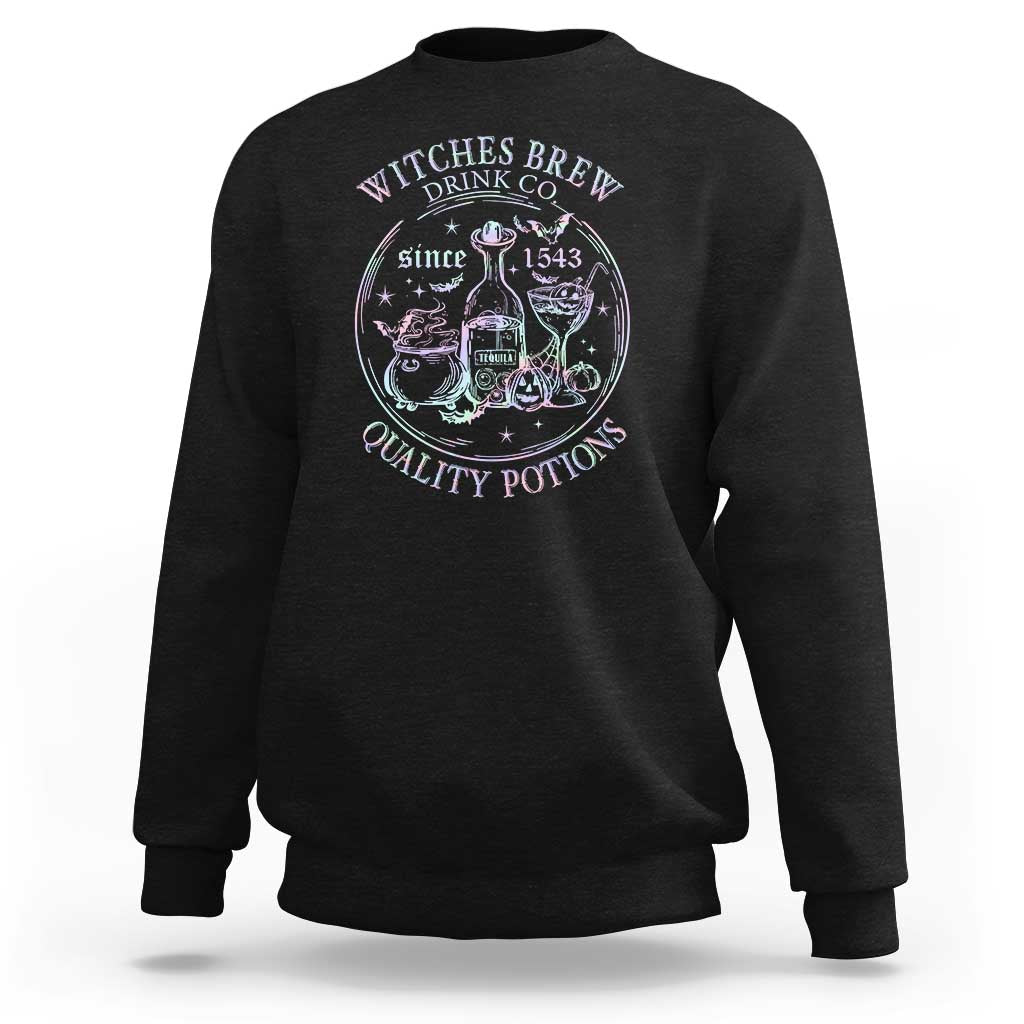 Black crewneck sweatshirt with “Witches Brew” cauldron graphic on the chest
