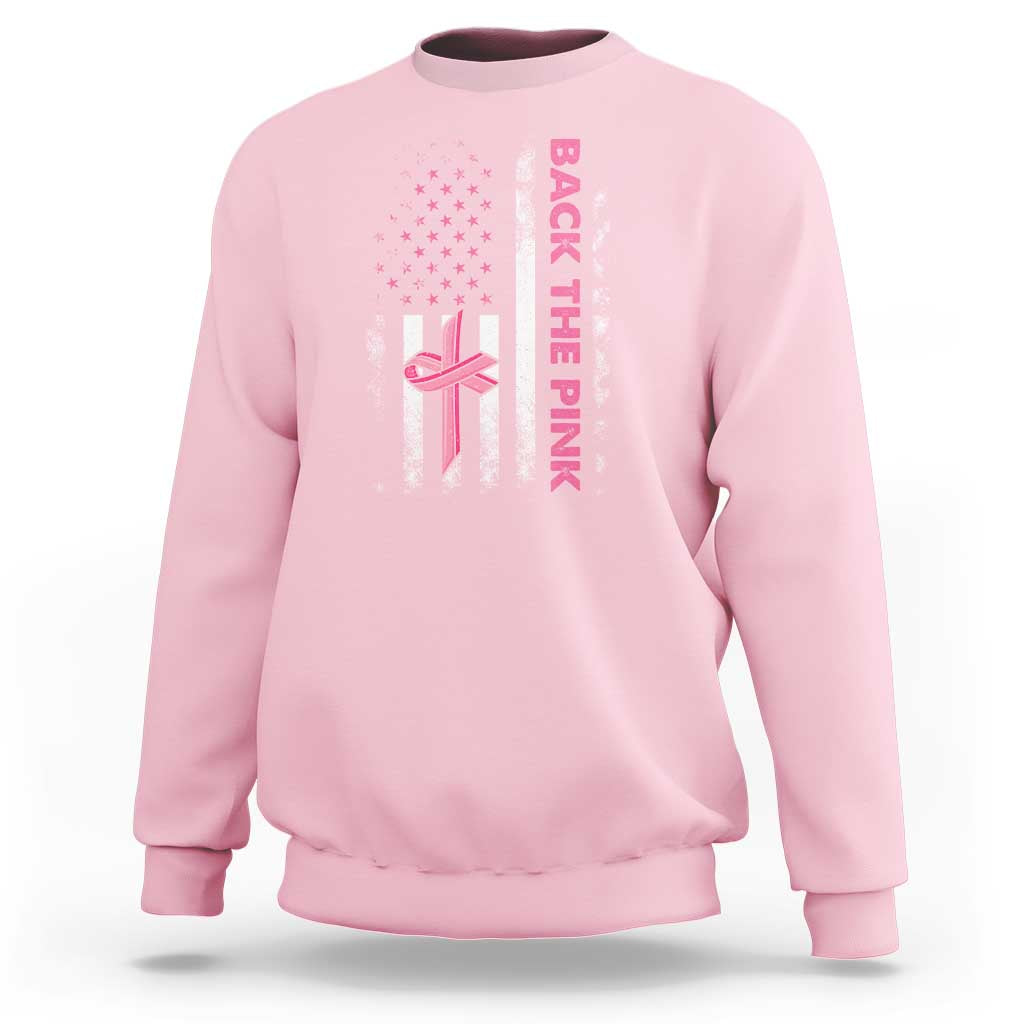 Breast Cancer Awareness Sweatshirt Back The Pink Warrior American Flag - Wonder Print Shop