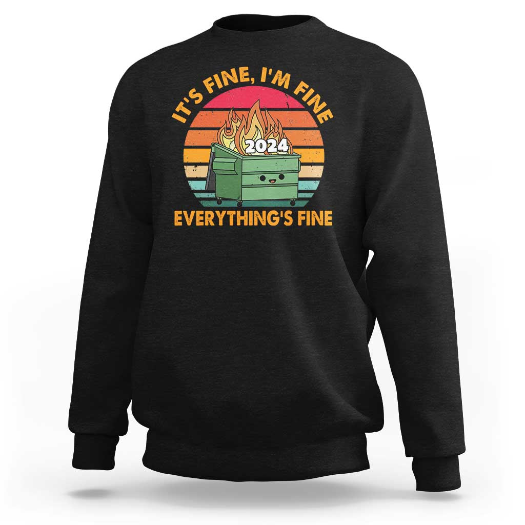 Black crewneck sweatshirt with front graphic, flame dumpster, and “Everything’s Fine” print