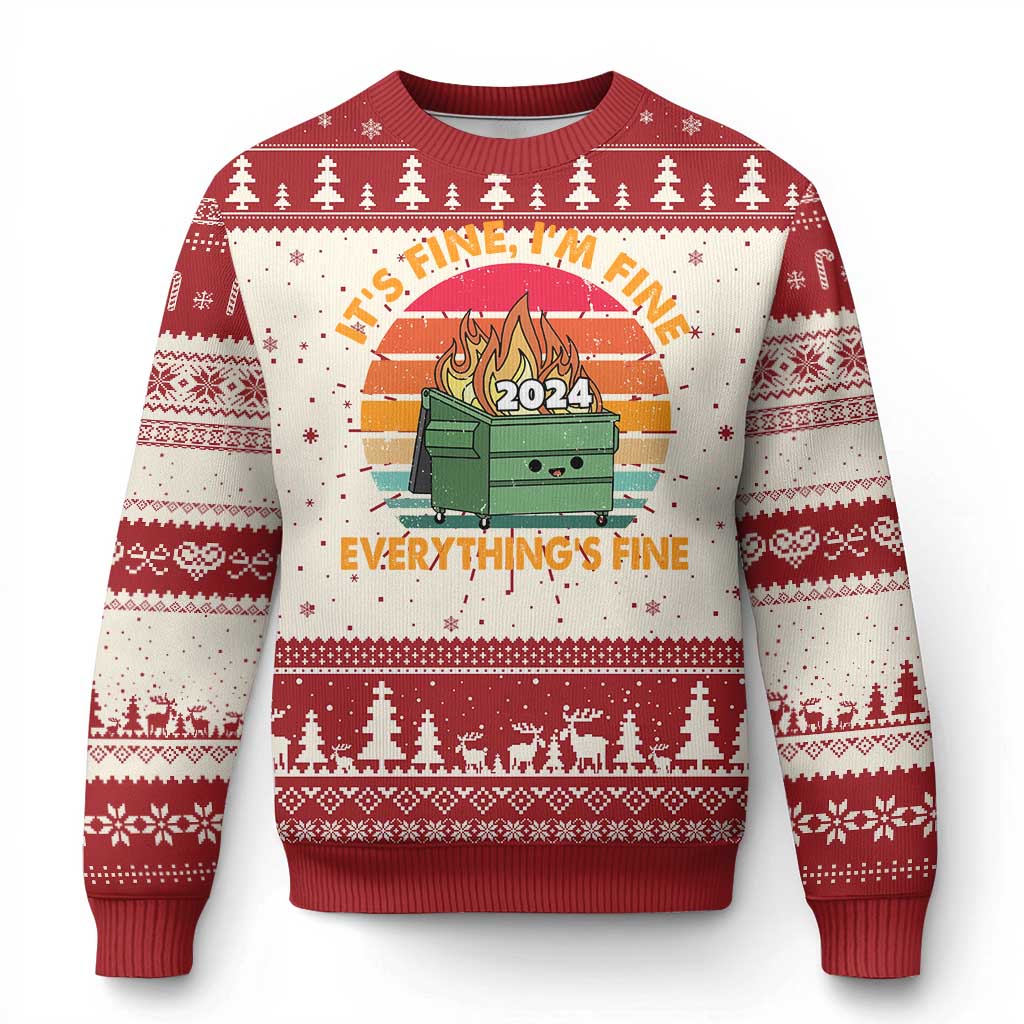 Red and cream Christmas ugly sweater with 'Everything's Fine' graphic and patterned cuffs