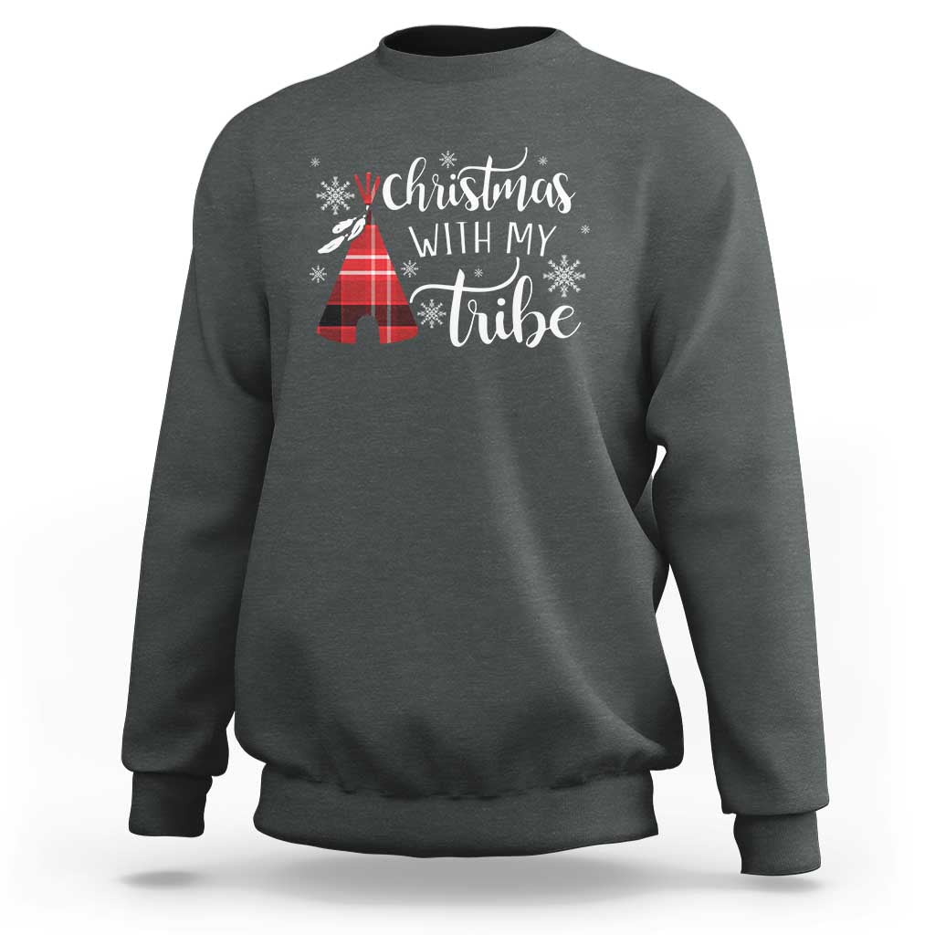 Dark heather crewneck sweatshirt with “Christmas with my tribe” graphic and snowy tree