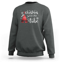 Dark heather crewneck sweatshirt with “Christmas with my tribe” graphic and snowy tree