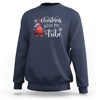 Navy crewneck sweatshirt with “Christmas with my tribe” graphic and snowy tree
