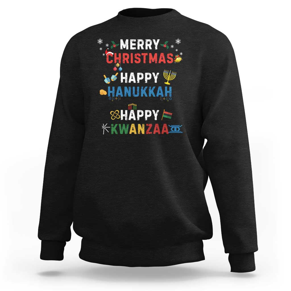 Black holiday sweatshirt with colorful “Merry Christmas” and “Happy Hanukkah” text
