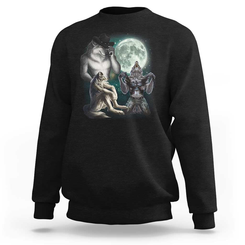 Funny Three Alpha Wolf Howling Moon Sweatshirt Weird Cringe Werewolf Meme - Wonder Print Shop