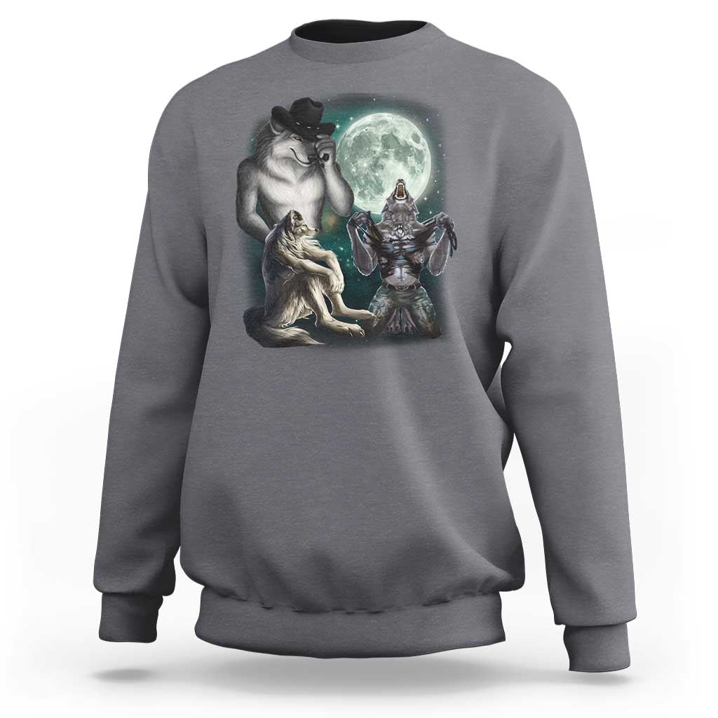 Funny Three Alpha Wolf Howling Moon Sweatshirt Weird Cringe Werewolf Meme - Wonder Print Shop