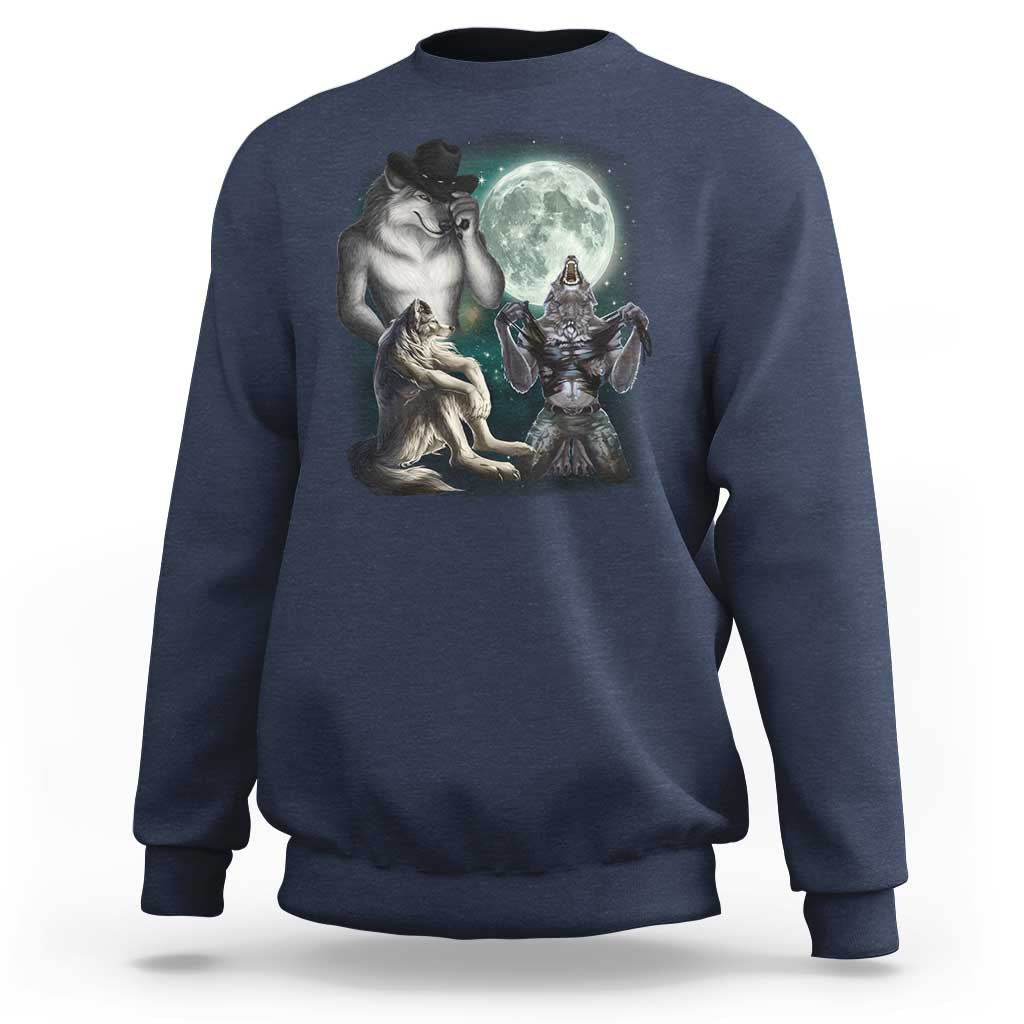 Funny Three Alpha Wolf Howling Moon Sweatshirt Weird Cringe Werewolf Meme - Wonder Print Shop