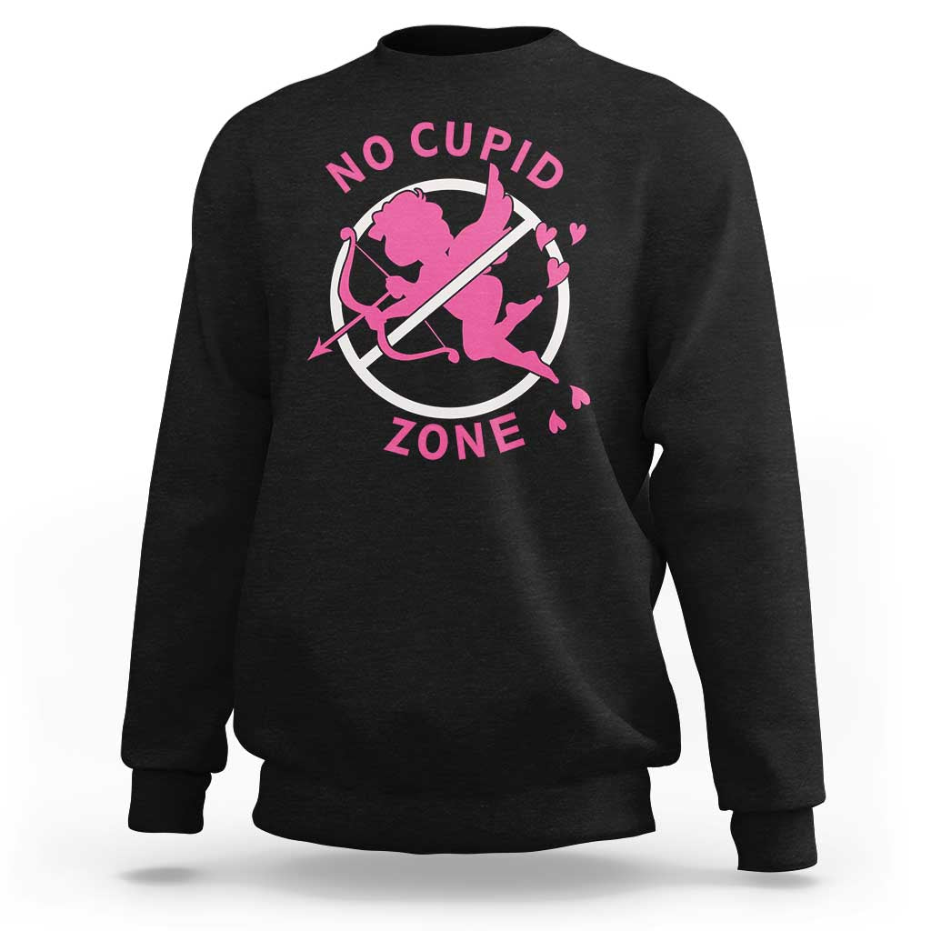 Black crewneck sweatshirt with pink “No Cupid Zone” graphic on back