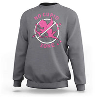 Light gray heather crewneck sweatshirt with pink “No Cupid Zone” graphic on back