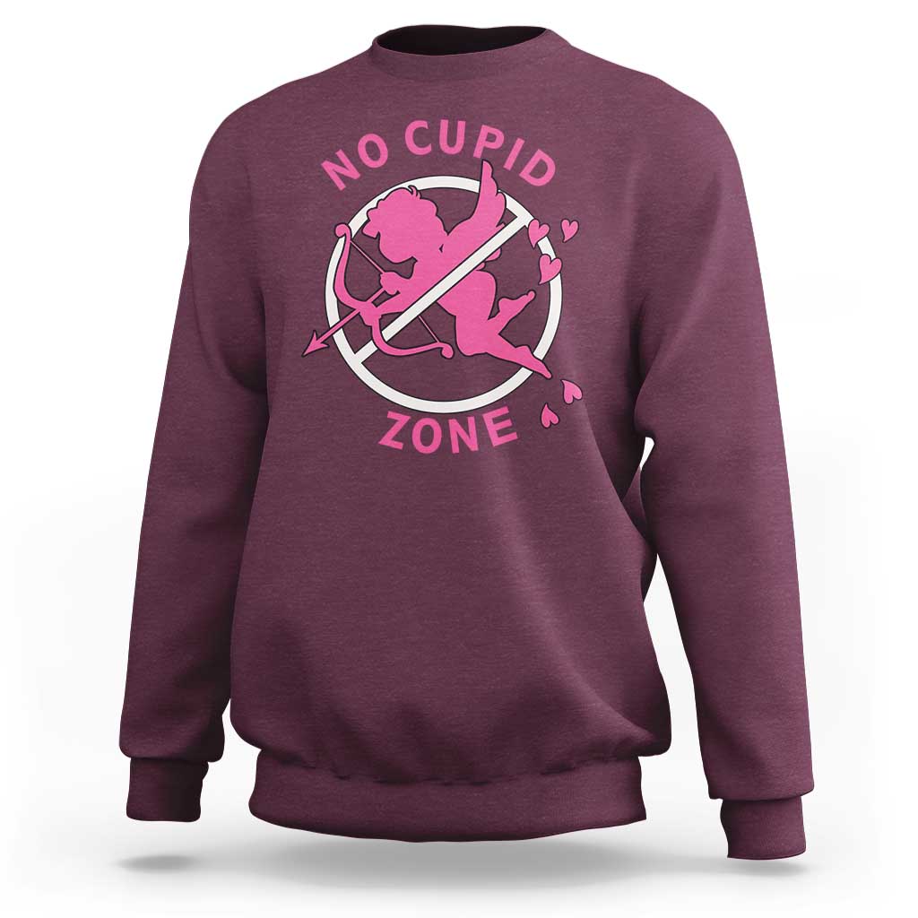 Maroon crewneck sweatshirt with pink “No Cupid Zone” graphic on back