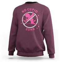 Maroon crewneck sweatshirt with pink “No Cupid Zone” graphic on back