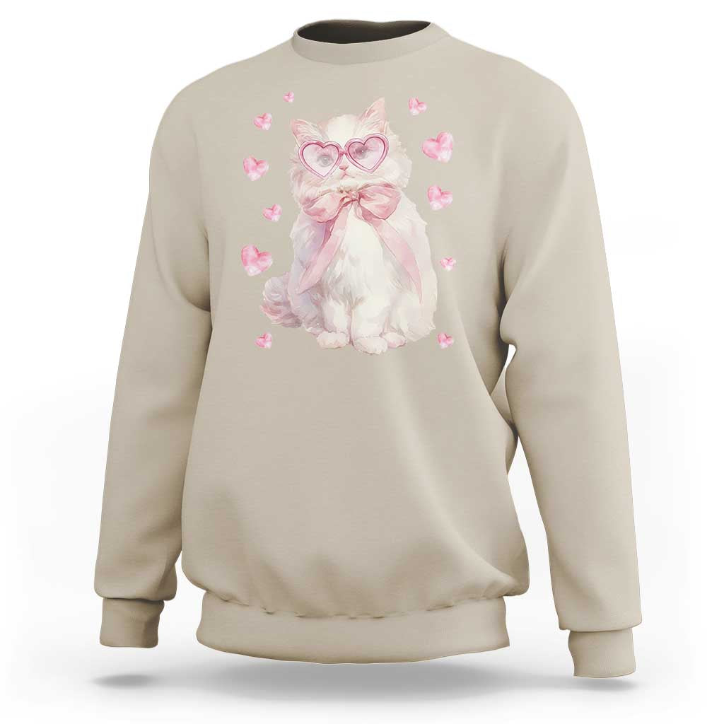 Sand cat sweatshirt with heart glasses and pink heart print at chest