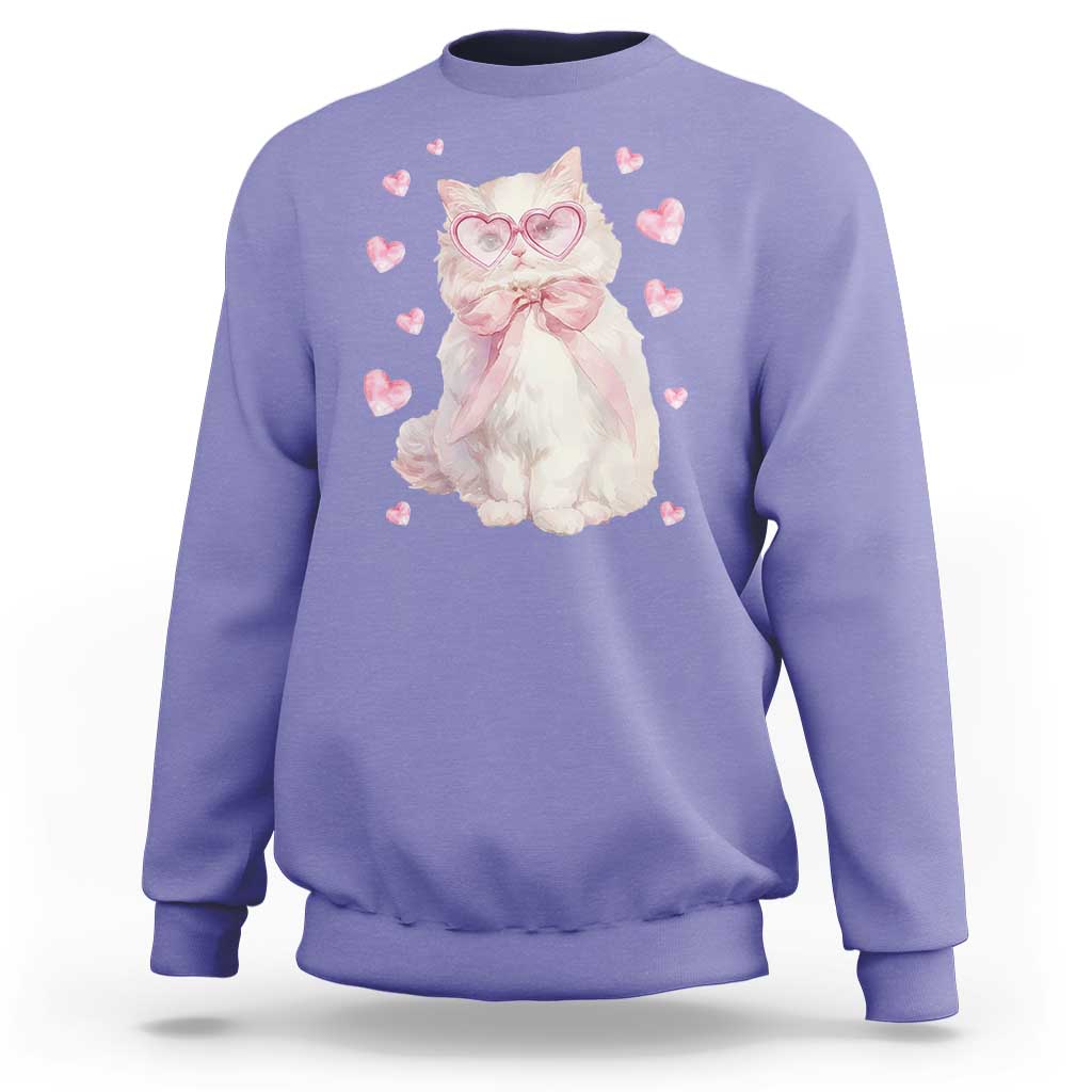 Violet cat sweatshirt with heart glasses and pink heart print at chest