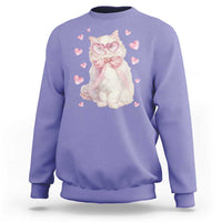 Violet cat sweatshirt with heart glasses and pink heart print at chest