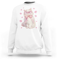 White cat sweatshirt with heart glasses and pink heart print at chest