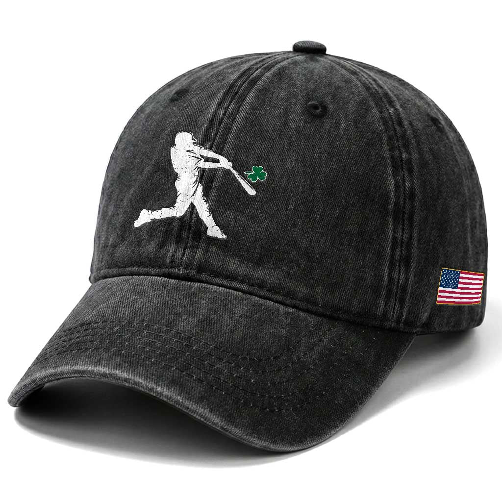 St Patricks Day Baseball Batter Silhouette Shamrock Washed Cotton Baseball Cap