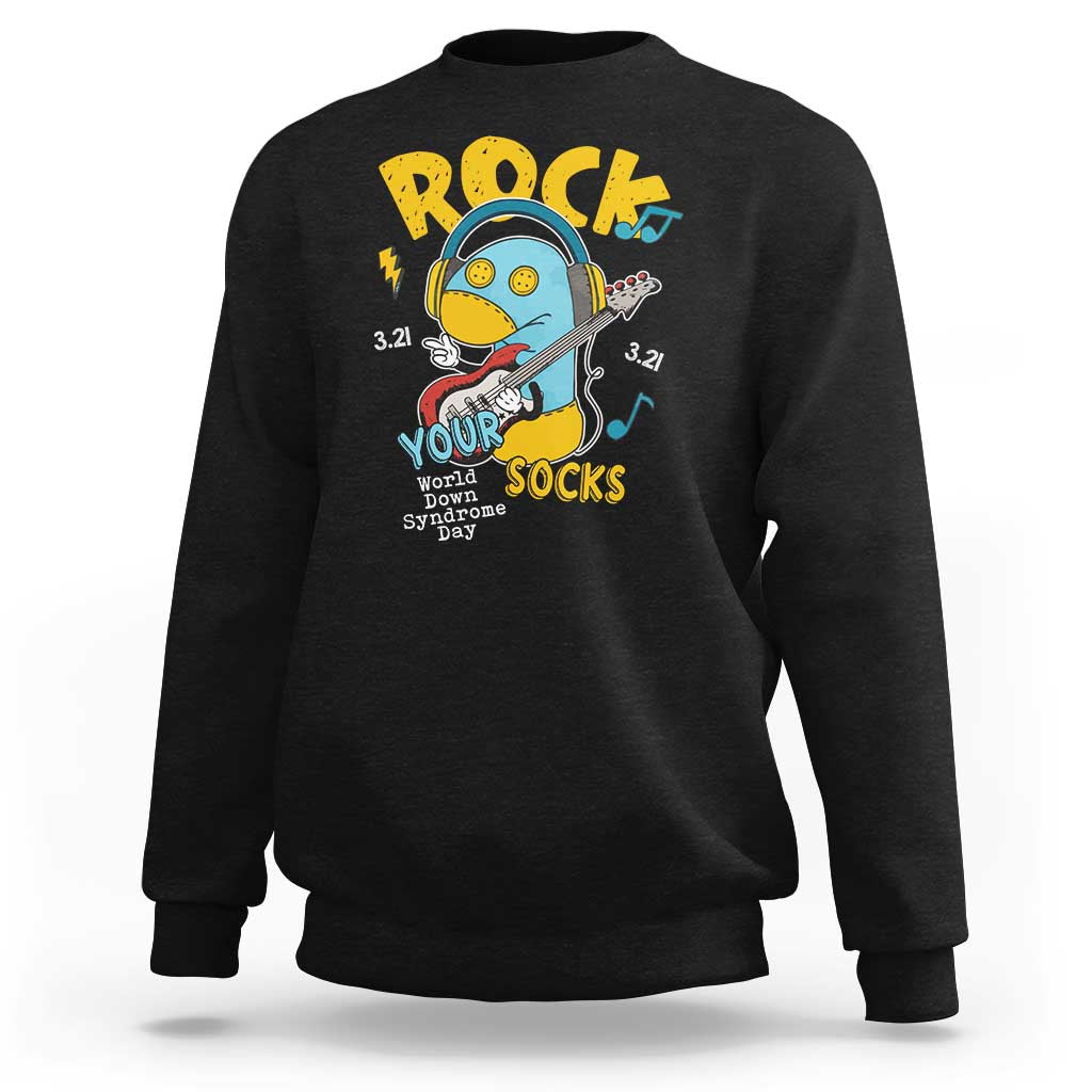 Black crewneck sweatshirt with colorful Rock Your Socks graphic on the chest