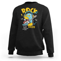 Black crewneck sweatshirt with colorful Rock Your Socks graphic on the chest