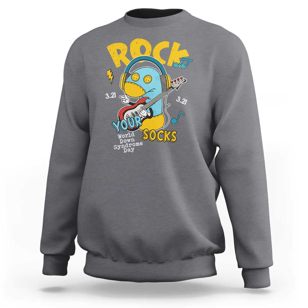 Dark heather gray crewneck sweatshirt with colorful Rock Your Socks graphic on the chest