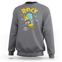 Dark heather gray crewneck sweatshirt with colorful Rock Your Socks graphic on the chest
