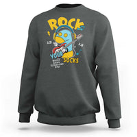 Charcoal gray crewneck sweatshirt with colorful Rock Your Socks graphic on the chest