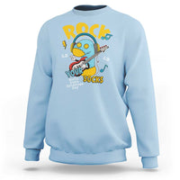 Light blue crewneck sweatshirt with colorful Rock Your Socks graphic on the chest