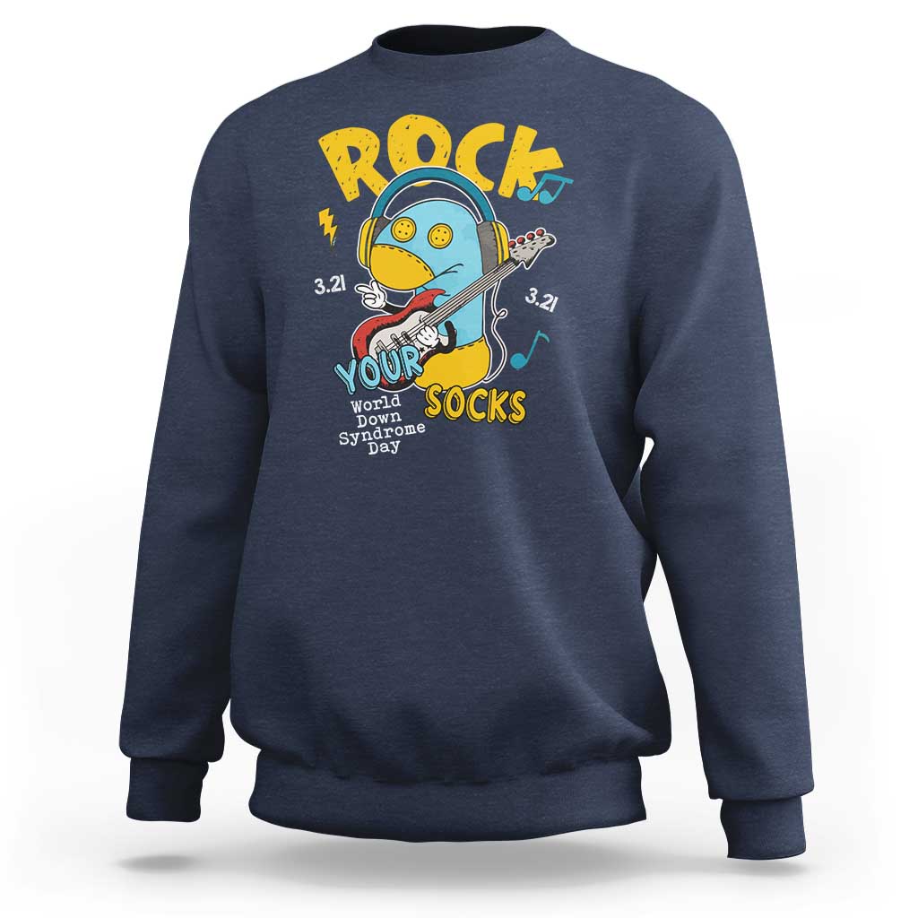 Navy crewneck sweatshirt with colorful Rock Your Socks graphic on the chest