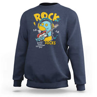 Navy crewneck sweatshirt with colorful Rock Your Socks graphic on the chest