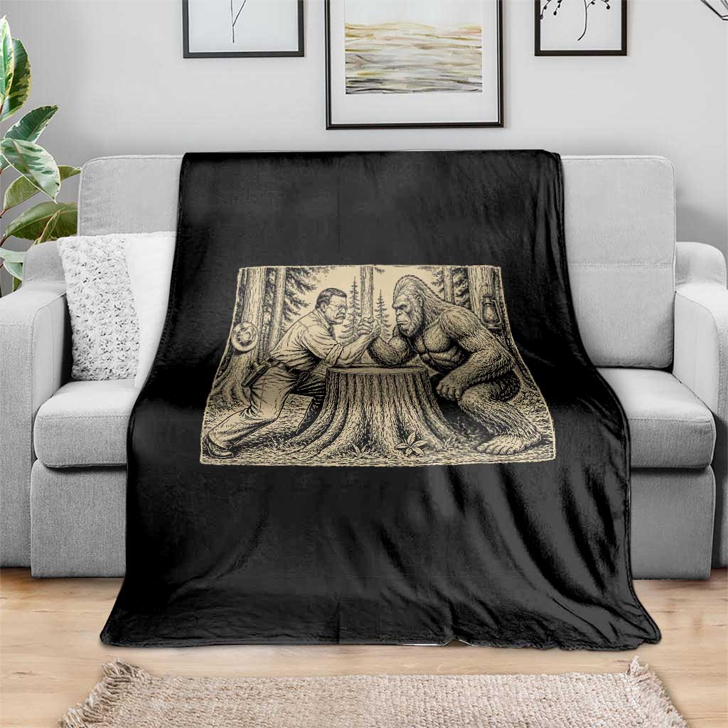 Theodore Roosevelt and Bigfoot Arm Wrestling Retro Throw Blanket