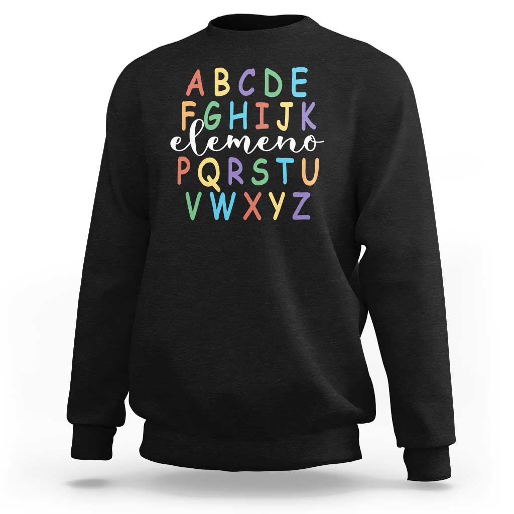 Black sweatshirt with colorful alphabet graphic, crew neck and long sleeves