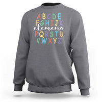 Light gray sweatshirt with colorful alphabet graphic, crew neck and long sleeves