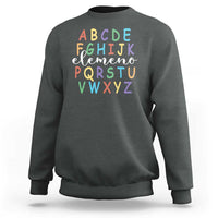 Dark heather gray sweatshirt with colorful alphabet graphic, crew neck and long sleeves