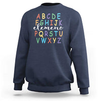 Navy sweatshirt with colorful alphabet graphic, crew neck and long sleeves