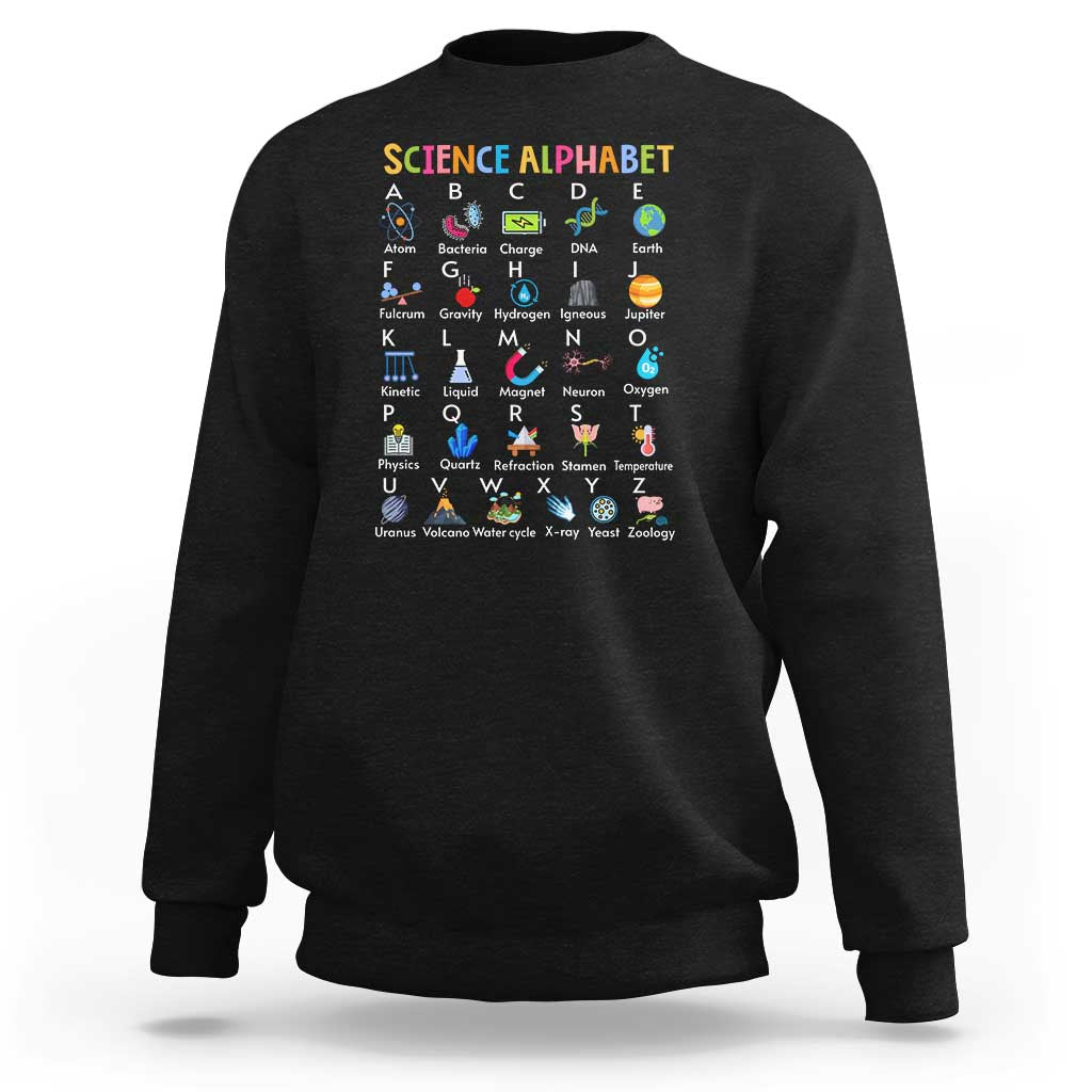 Black science alphabet sweatshirt with colorful A–Z science icons on front