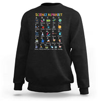 Black science alphabet sweatshirt with colorful A–Z science icons on front