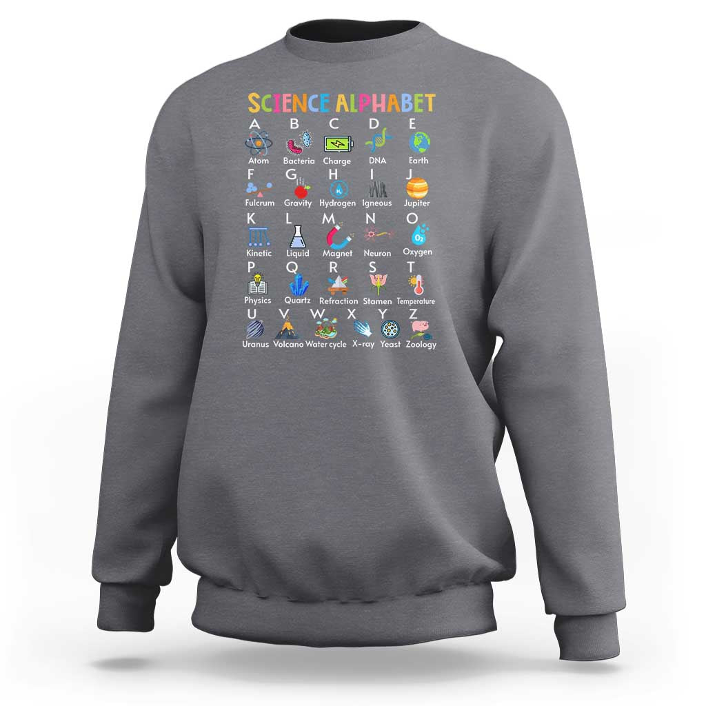 Heather gray science alphabet sweatshirt with colorful A–Z science icons on front