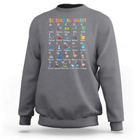 Heather gray science alphabet sweatshirt with colorful A–Z science icons on front